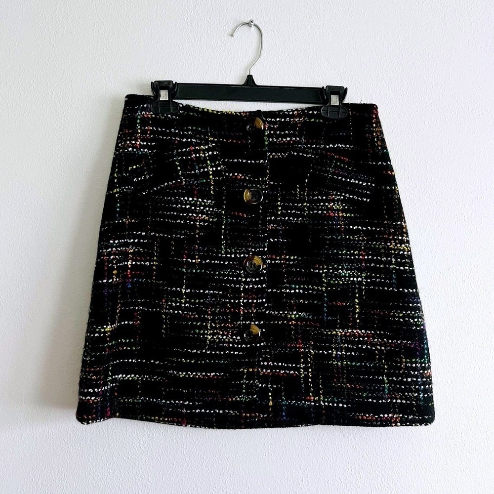 Trina Turk Skirt Womens 10 Black Plaid Tweed Button Front Lined Wool A Line Mini